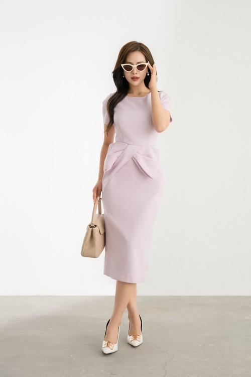 Sixdo Light Pink Midi Raw Dress With Bow